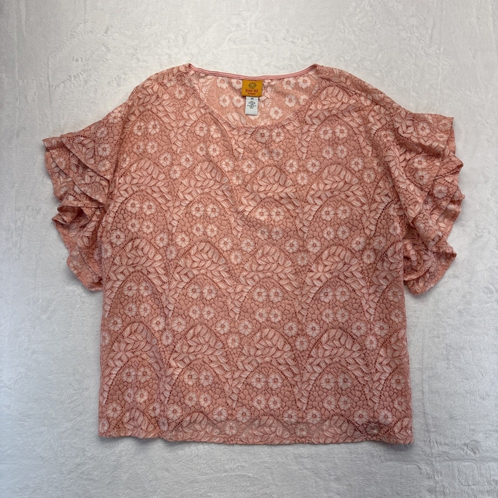 Ruby Rd Womens Top 3XL Coral Pink Lace Floral Medallion Short Sleeve